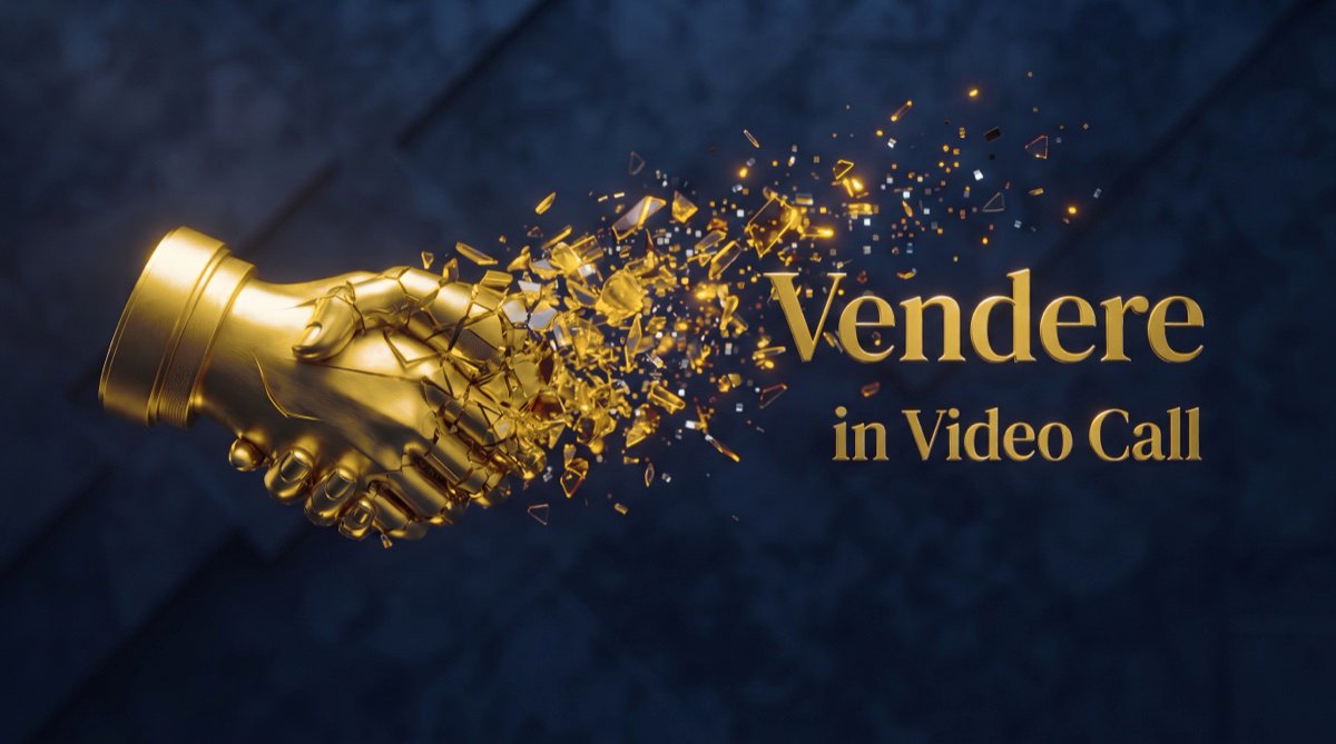 Una stretta di mano dorata che si dissolve in pixel di vetro, simbolo del contatto umano che si frantuma in una trattativa video senza metodo — Fractional Sales Manager Michel Vicari